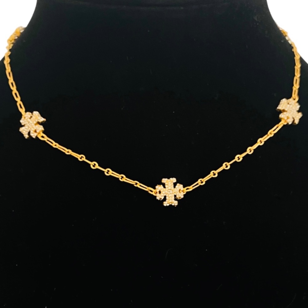Auth NEW Tory Burch 18k GP ROXANNE Sparkling Pavè Logo Pendant Necklace $345